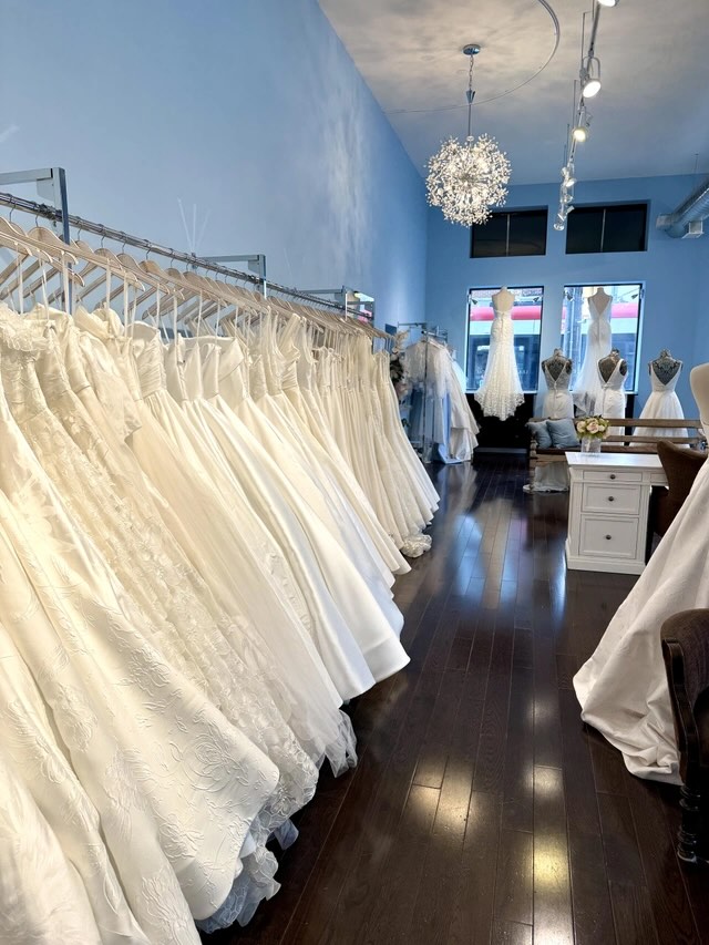 A beautiful long rack of wedding dresses within the elegant blue interior of the Lea-Ann Belter flagship bridal shop in Toronto