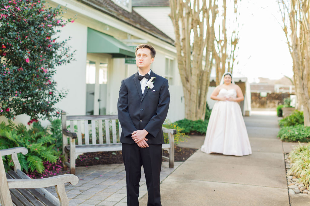 Barn at Reynolda Village wedding - blush wedding gown by Astrid + Mercedes