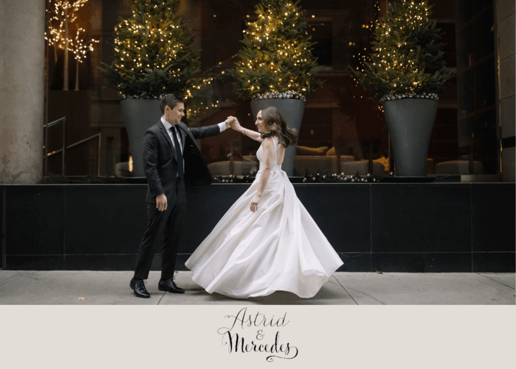 Toronto bride Carly and Alex dancing on their wedding day. Carly wears the Joy gown with its signature full circle skirt.