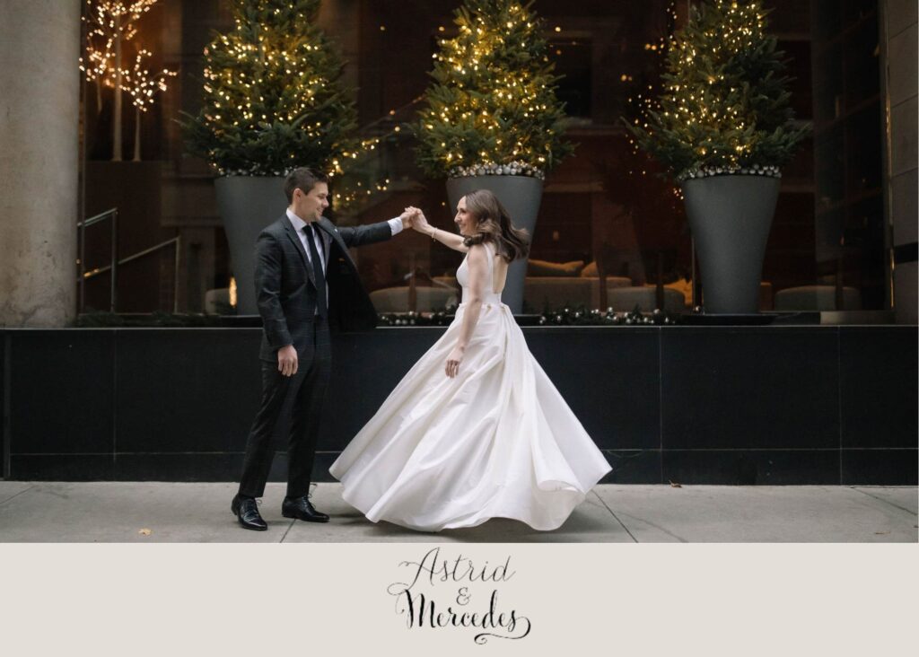 Toronto bride Carly and Alex dancing on their wedding day. Carly wears the Joy gown with its signature full circle skirt.