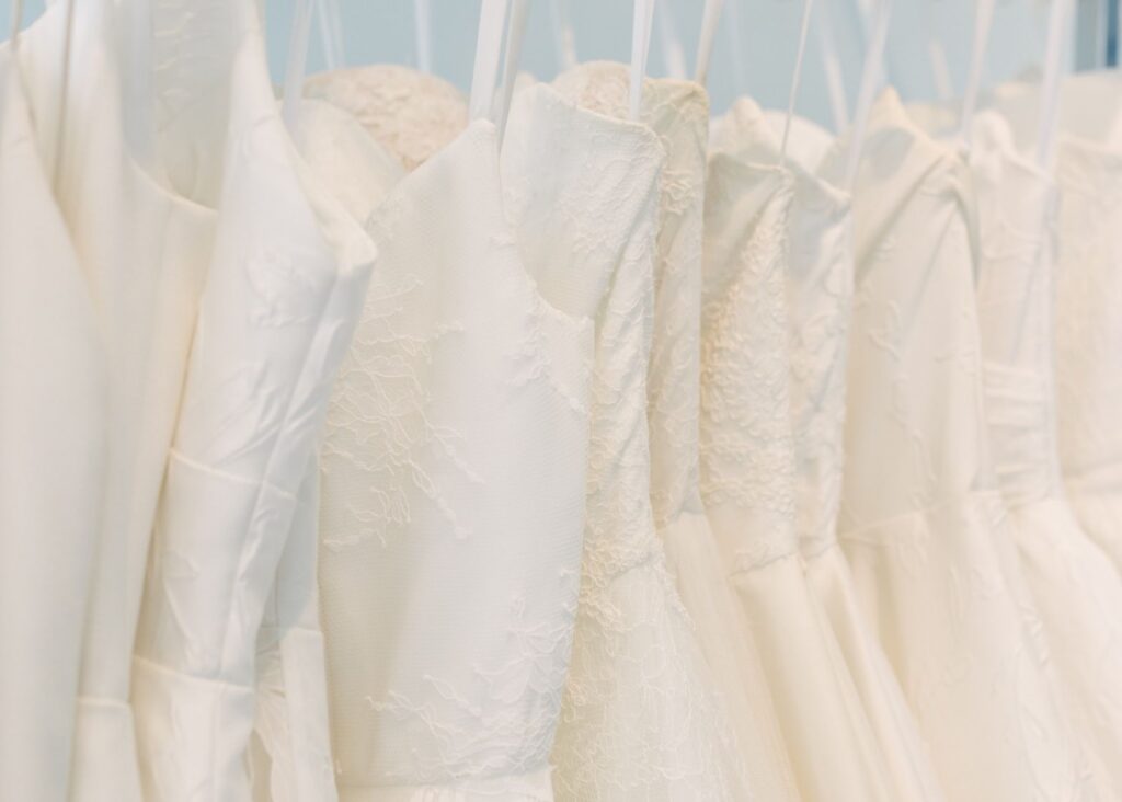 A close up of wedding dresses in Toronto at the Lea-Ann Belter bridal shop.