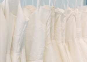A close up of wedding dresses in Toronto at the Lea-Ann Belter bridal shop.