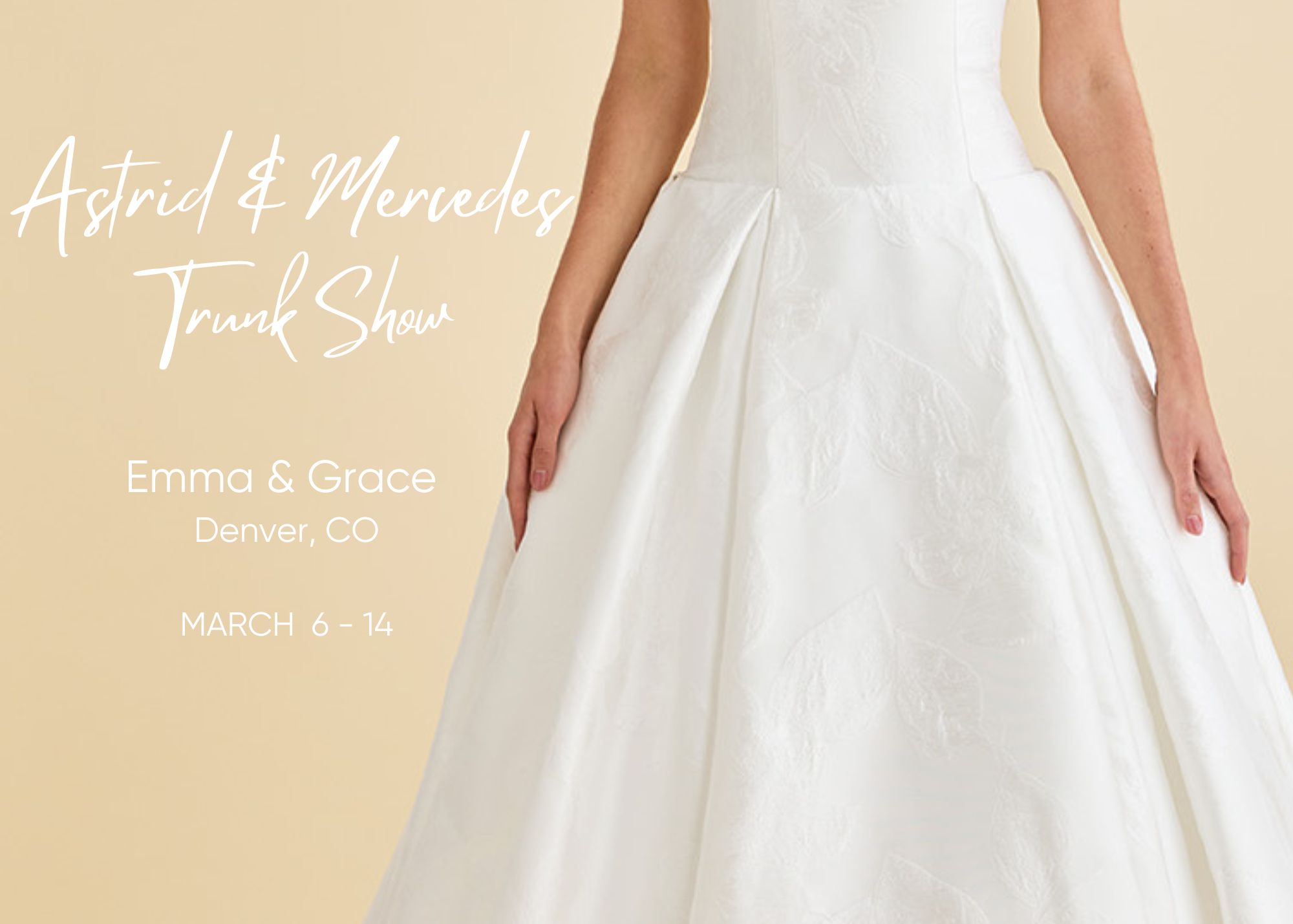 A close of pf the floral textured fabric of a box-pleated ball gown with text that reads: Astrid & Mercedes Trunk Show at Emma & Grace bridal, March 6-14